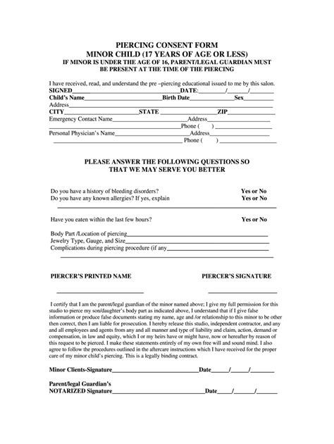 Printable Piercing Consent Form